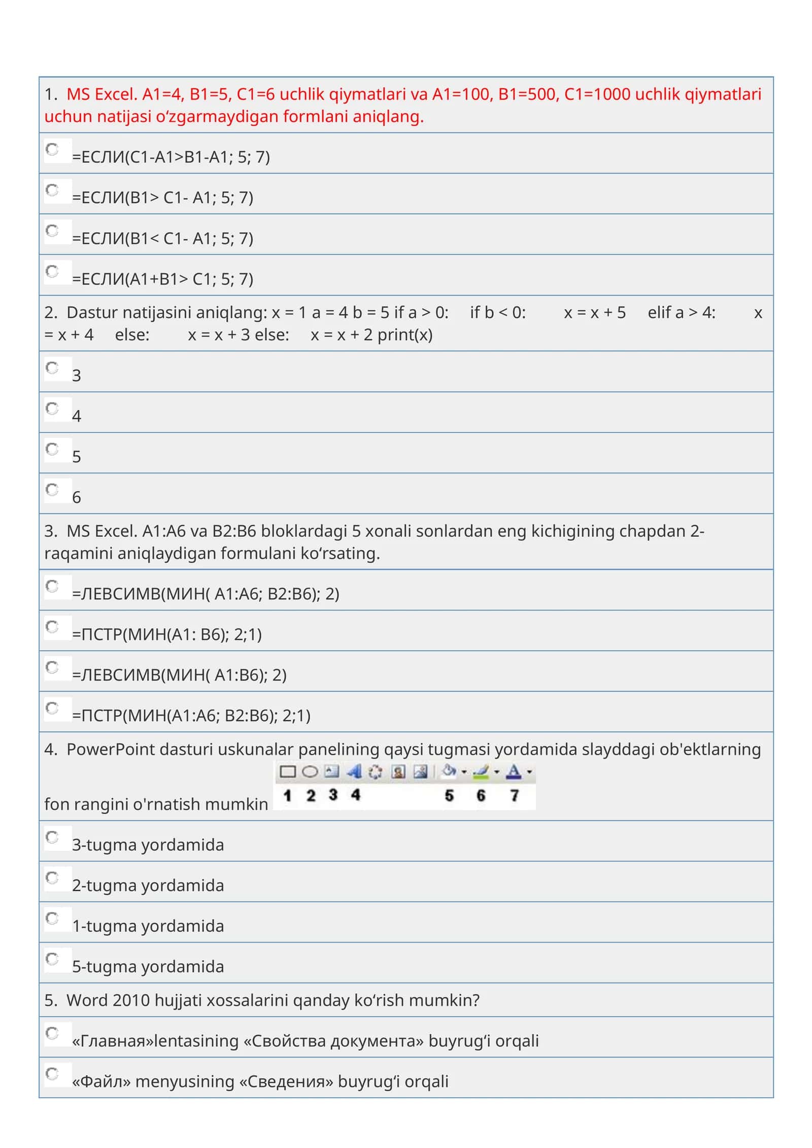 MS Excel. A1=4, B1=5, C1=6 uchlik qiymatlari va A1=100, B1=500, C1=1000 uchlik qiymatlari uchun natijasi o‘zgarmaydigan formlani aniqlang 1
