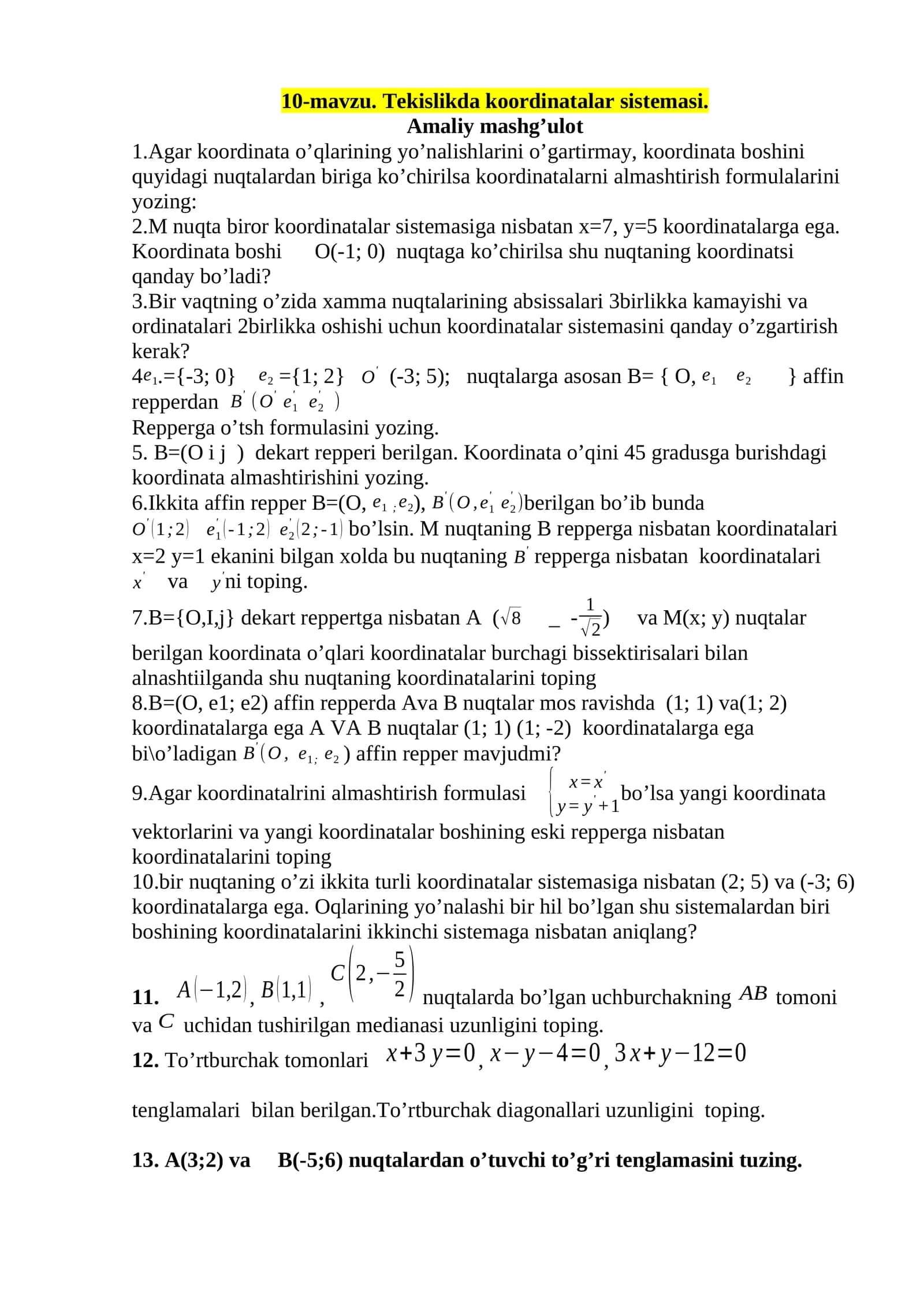 Tekislikda koordinatalar sistemasi 1