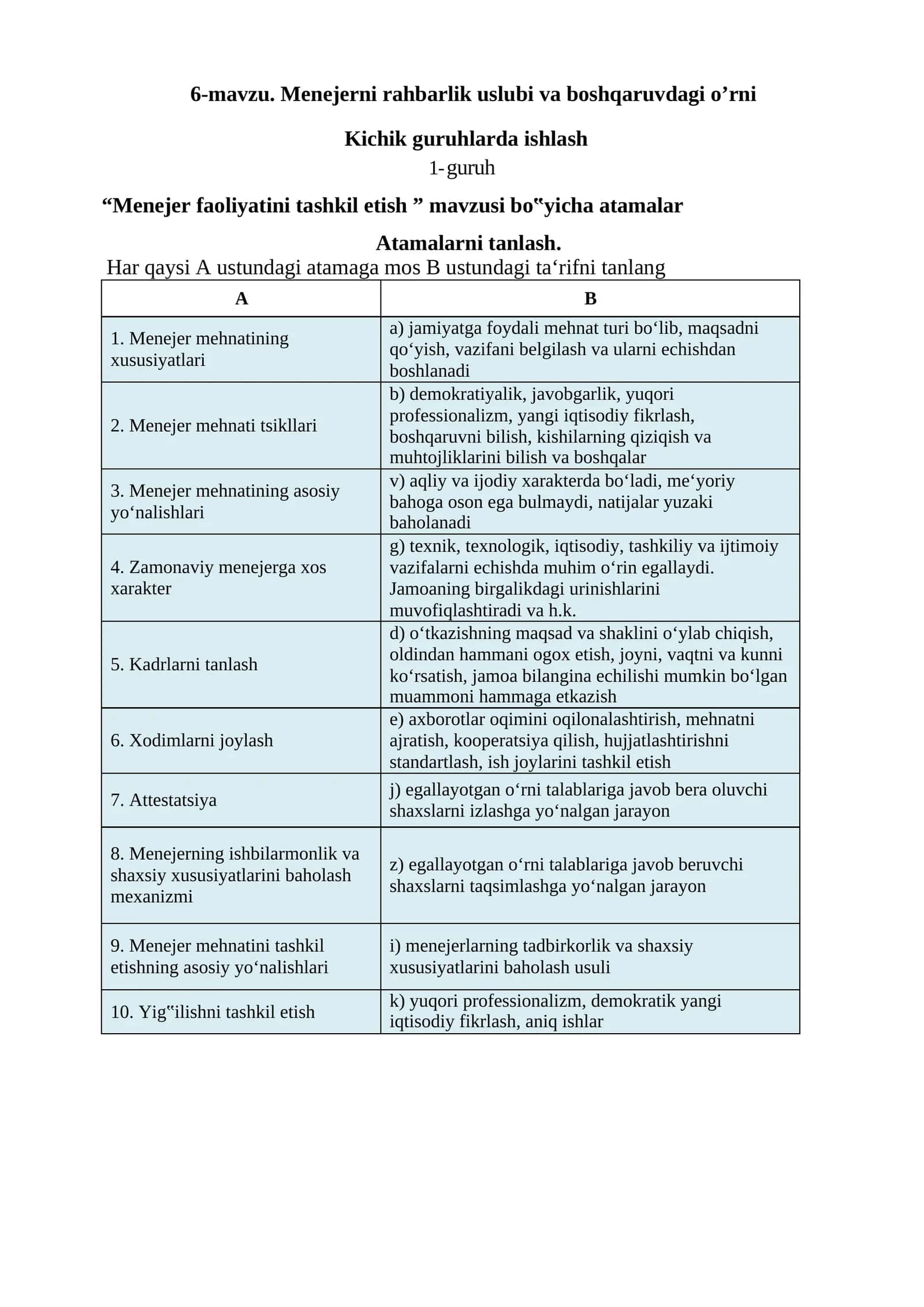 Menejerni rahbarlik uslubi va boshqaruvdagi o’rni 1