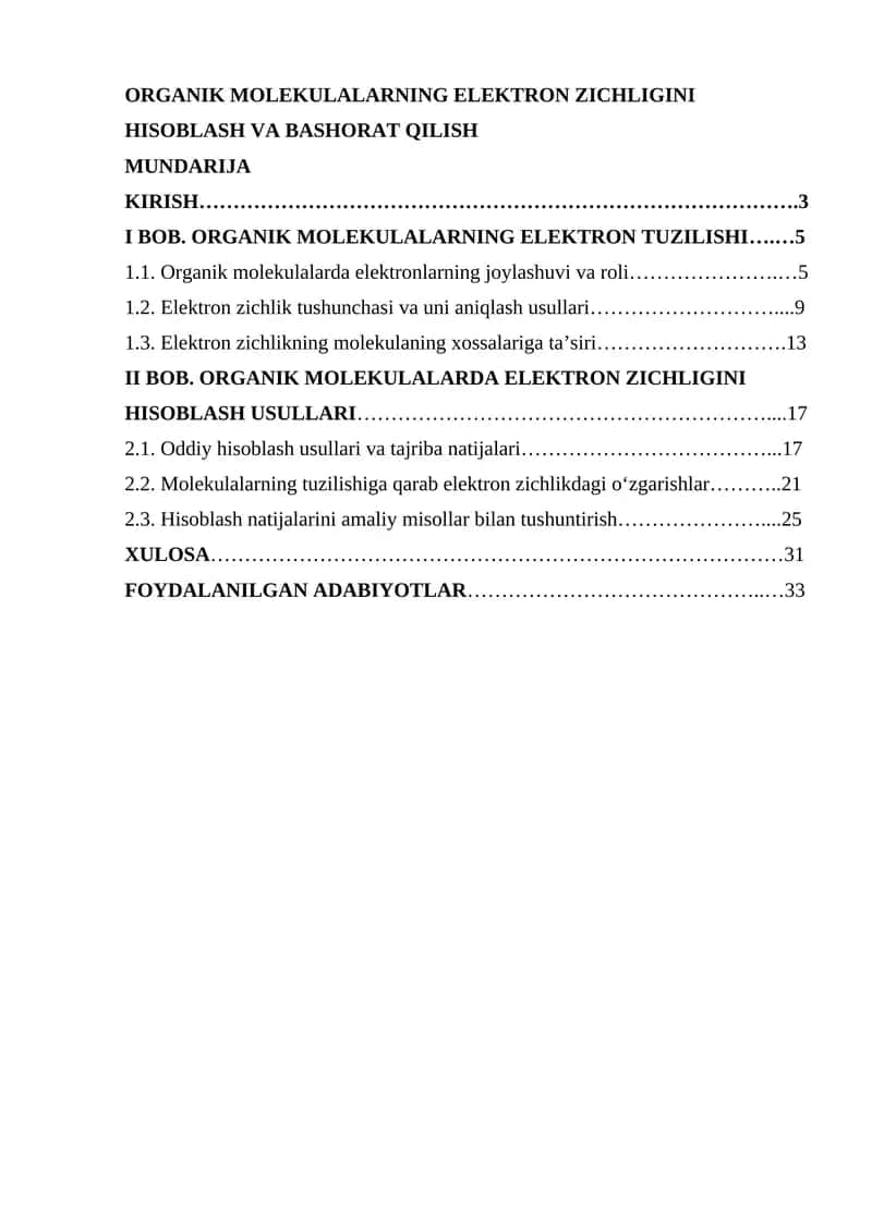ORGANIK MOLEKULALARNING ELEKTRON ZICHLIGINI HISOBLASH VA BASHORAT QILISH 1