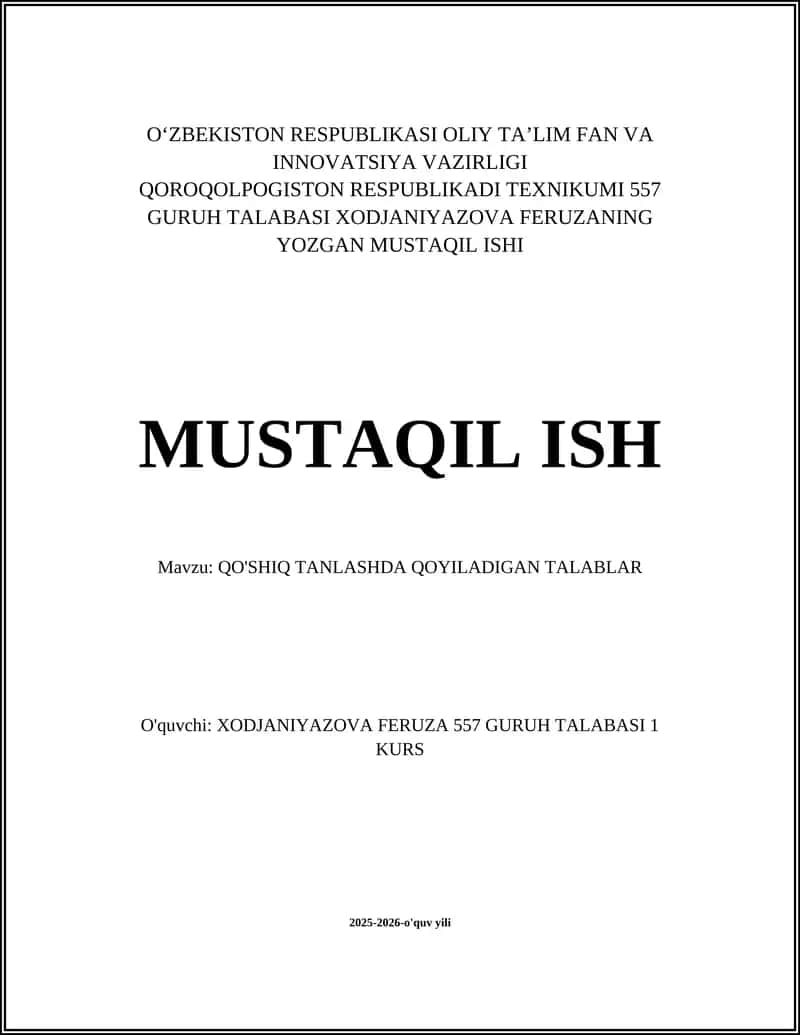 QO'SHIQ TANLASHDA QOYILADIGAN TALABLAR 1