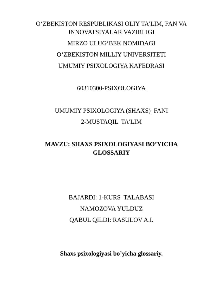 SHAXS PSIXOLOGIYASI BO’YICHA GLOSSARIY 1