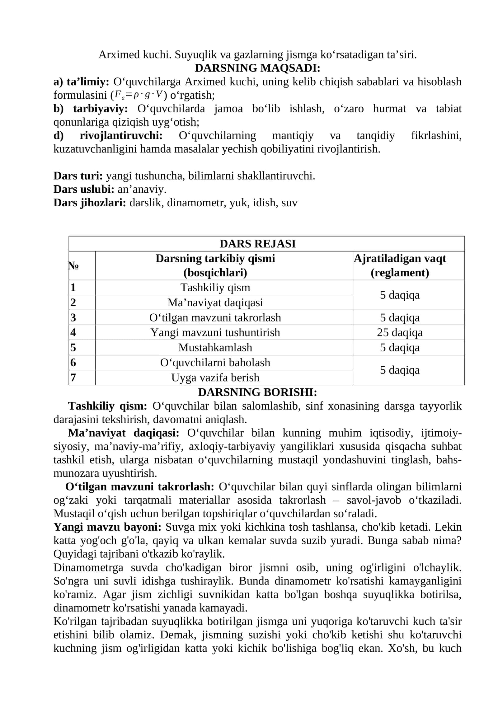 Arximed kuchi. Suyuqlik va gazlarning jismga ko‘rsatadigan ta’siri 1