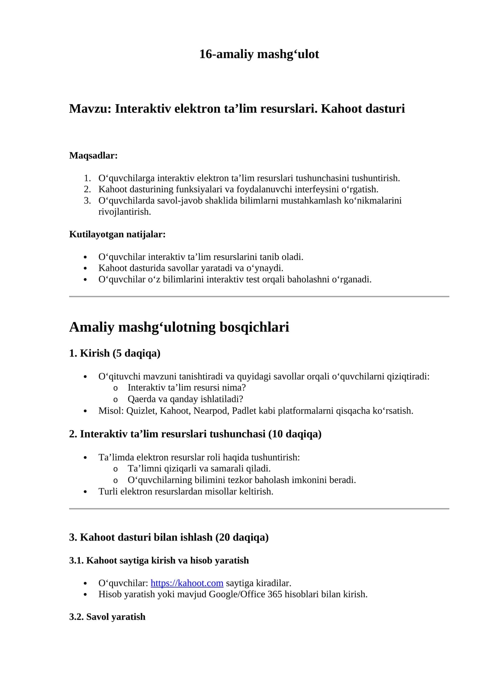 Interaktiv elektron ta’lim resurslari. Kahoot dasturi 1