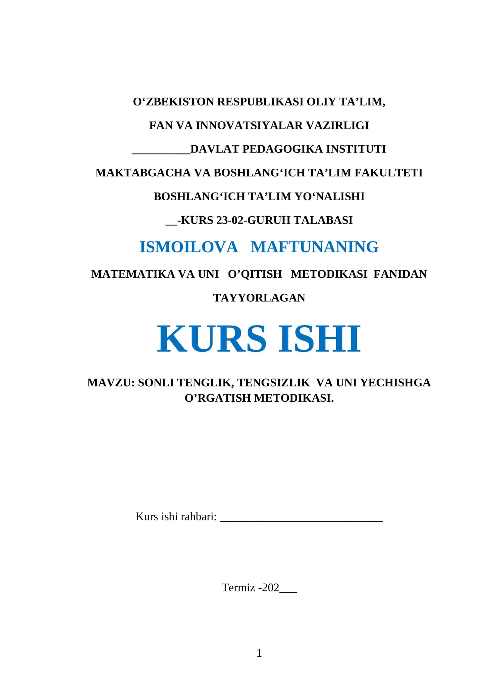 SONLI TENGLIK, TENGSIZLIK  VA UNI YECHISHGA O’RGATISH METODIKASI 1