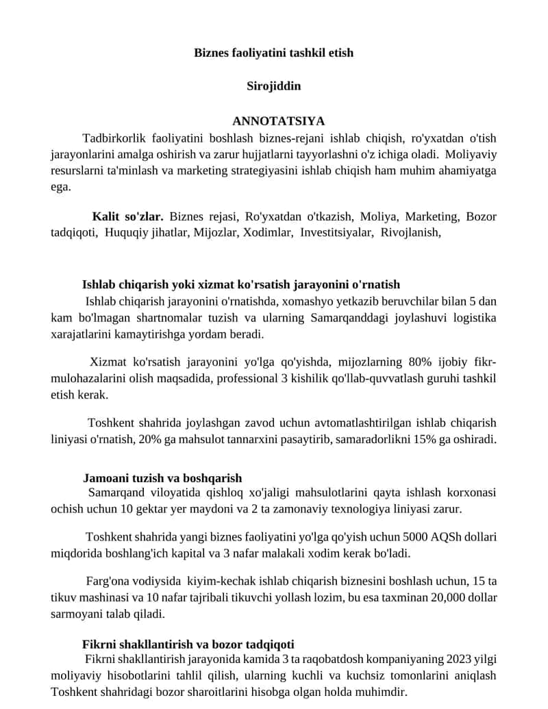 Biznes faoliyatini tashkil etish 1