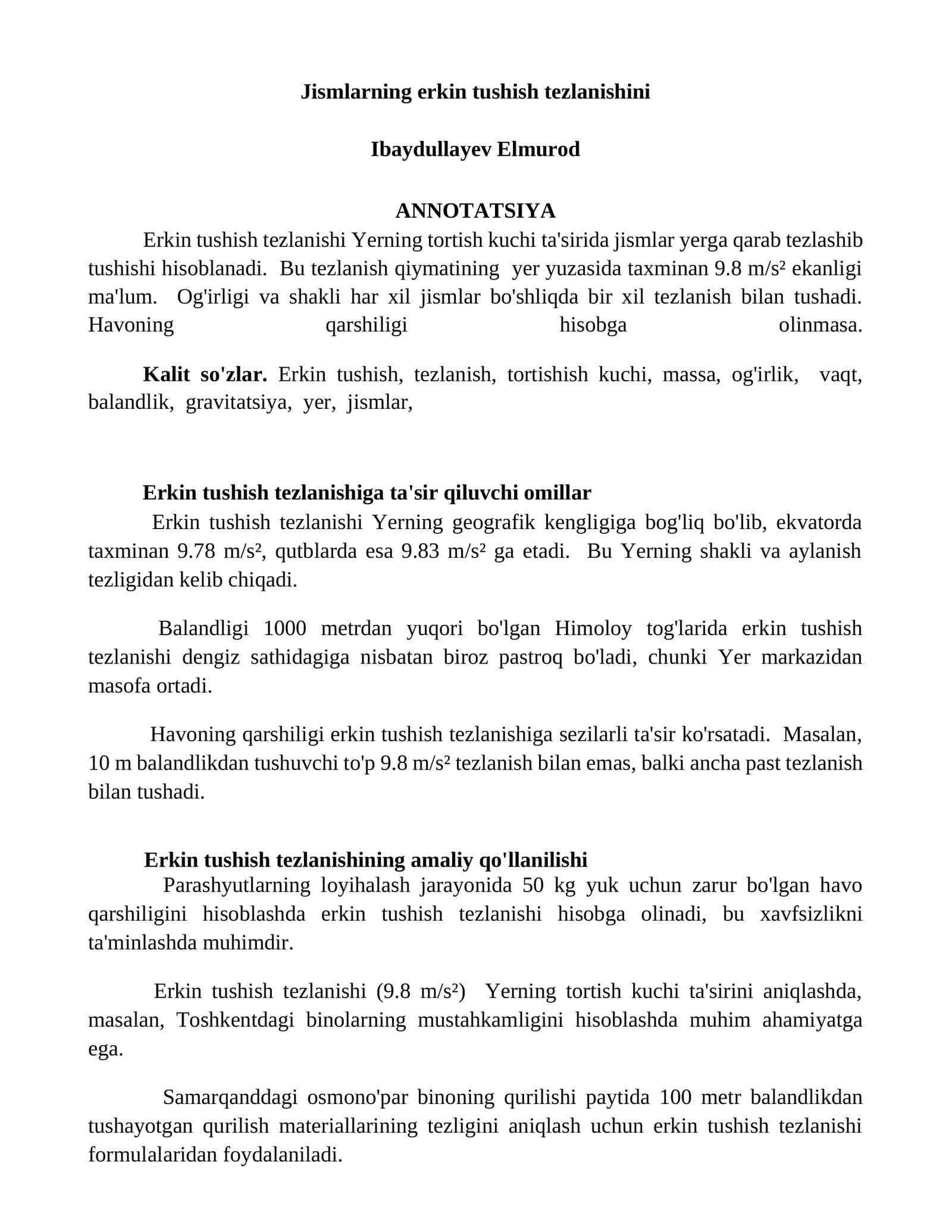 Erkin tushish tezlanishi 1
