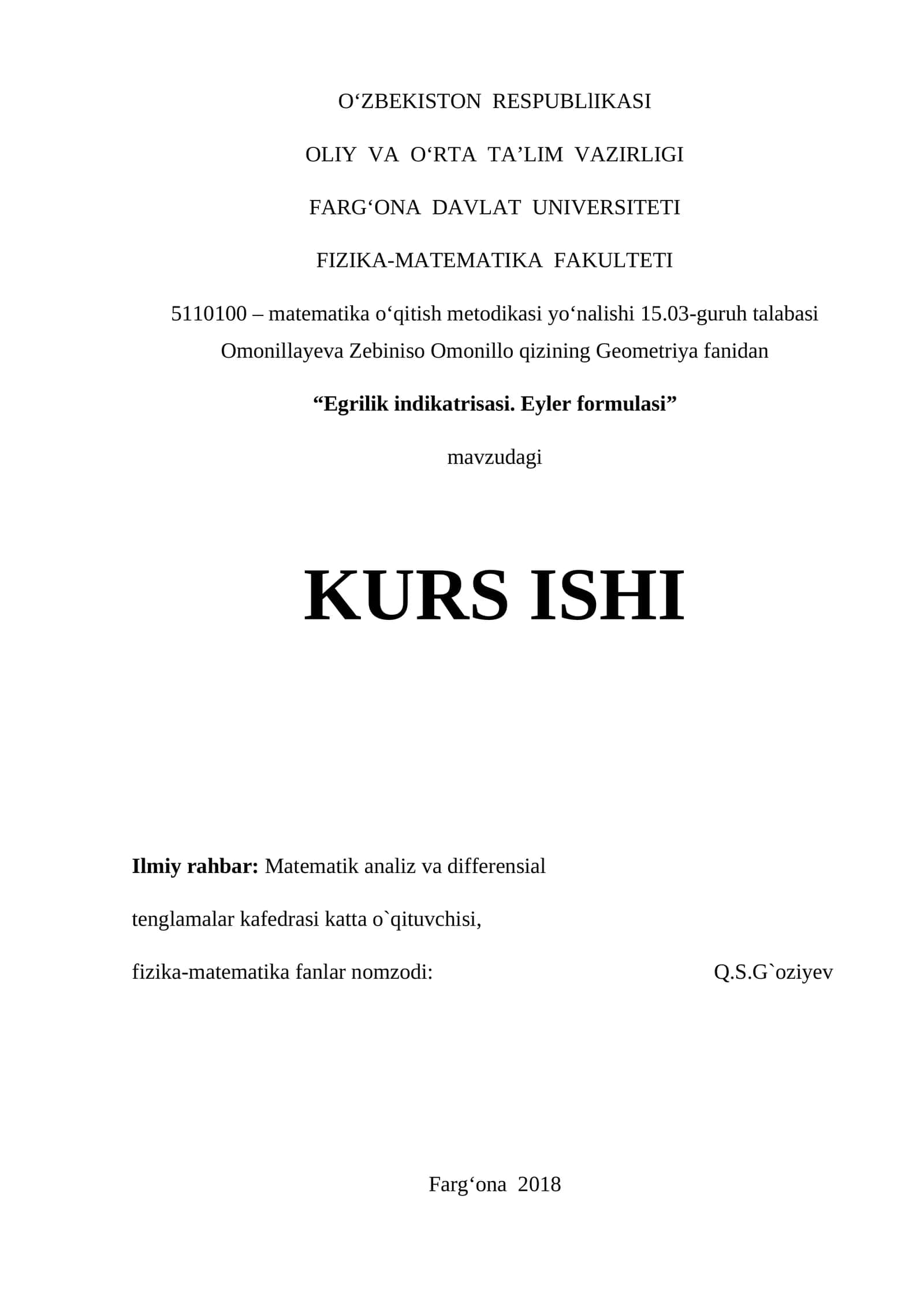 Egrilik indikatrisasi. Eyler formulasi 1