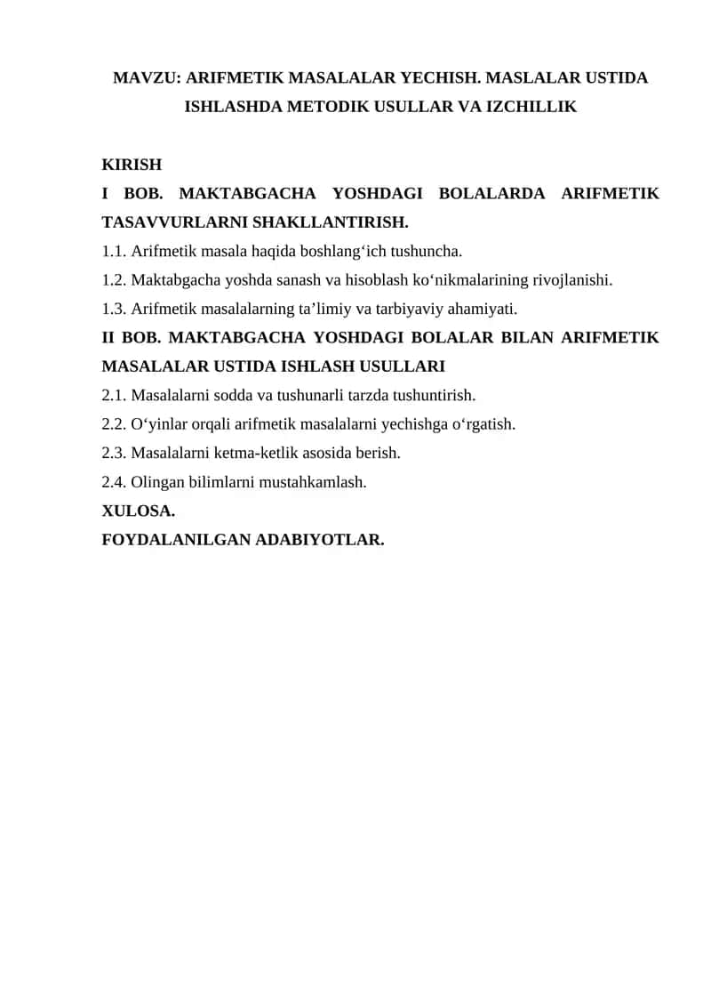 ARIFMETIK MASALALAR YECHISH. MASLALAR USTIDA ISHLASHDA METODIK USULLAR VA IZCHILLIK 1
