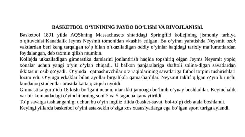 Basketbol O‘yining paydo bo‘lishi va rivojlanishi 1