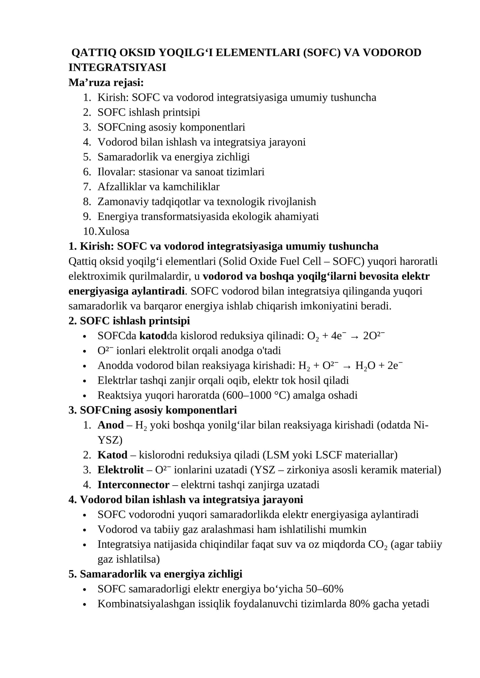 QATTIQ OKSID YOQILG‘I ELEMENTLARI (SOFC) VA VODOROD INTEGRATSIYASI 1