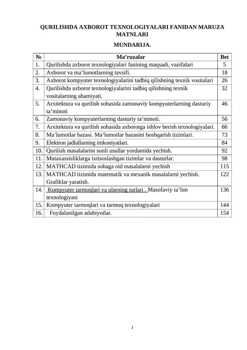 Qurilishda axborot texnologiyalari 1