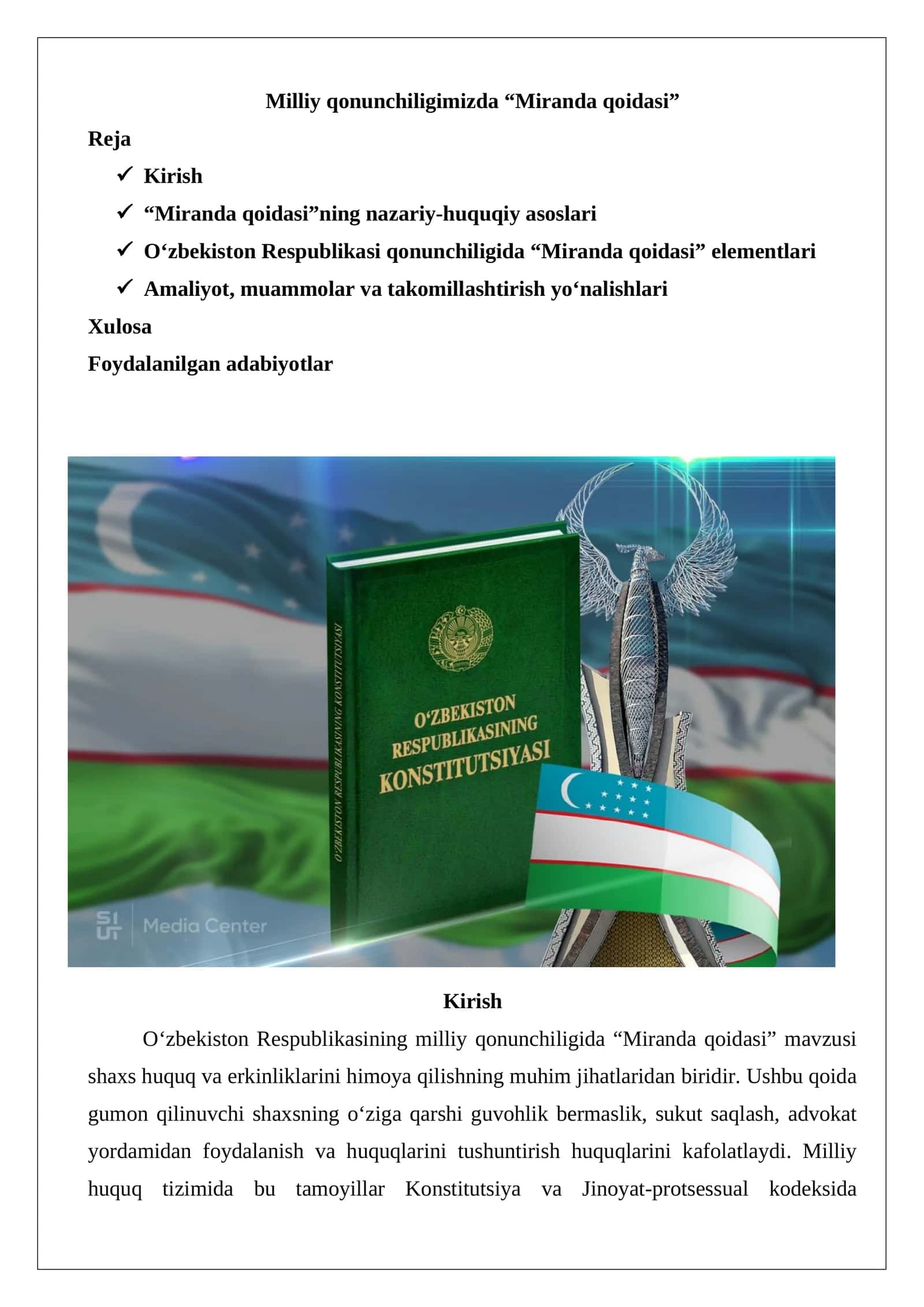 Milliy qonunchiligimizda “Miranda qoidasi” 1