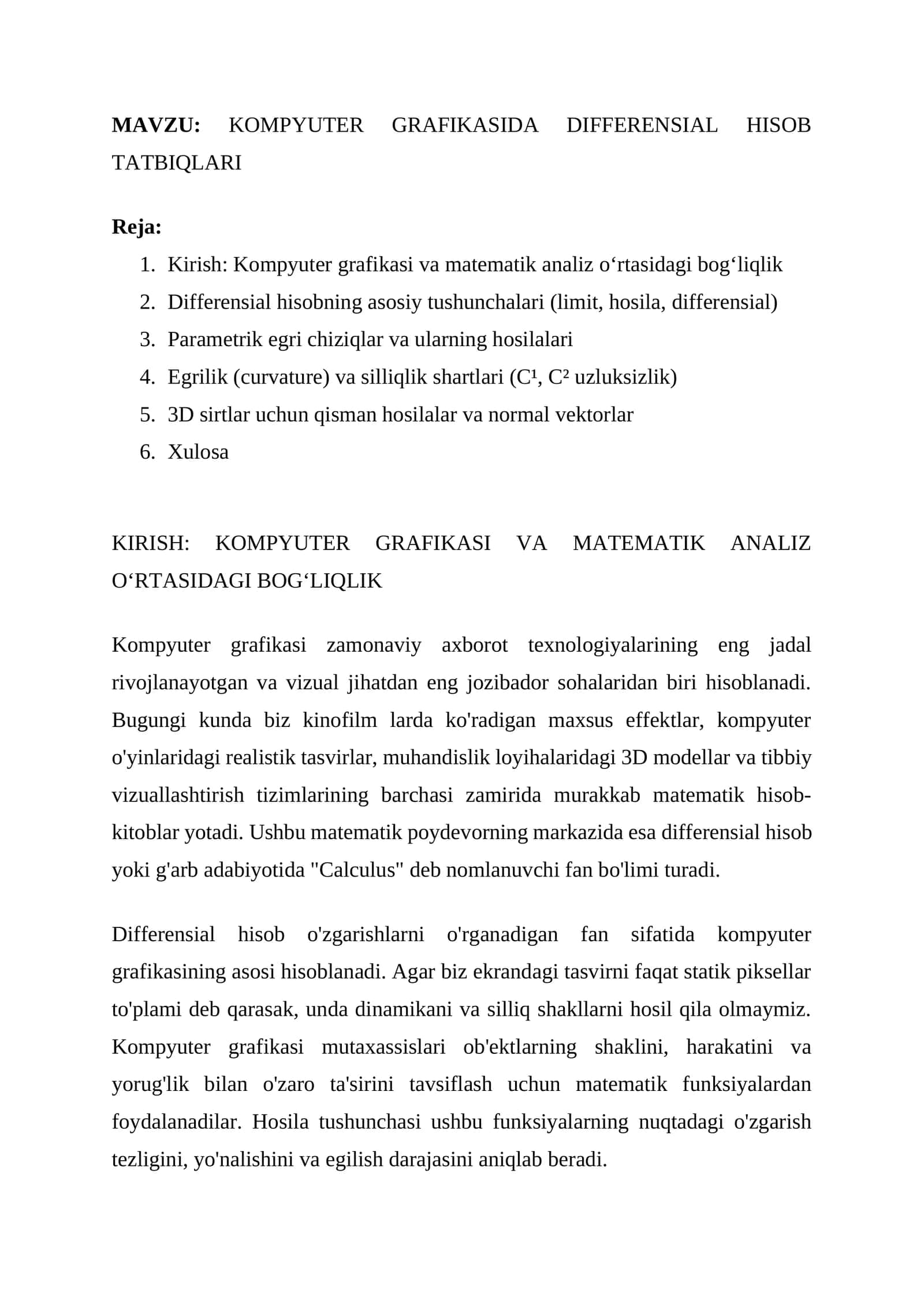 KOMPYUTER GRAFIKASIDA DIFFERENSIAL HISOB TATBIQLARI 1