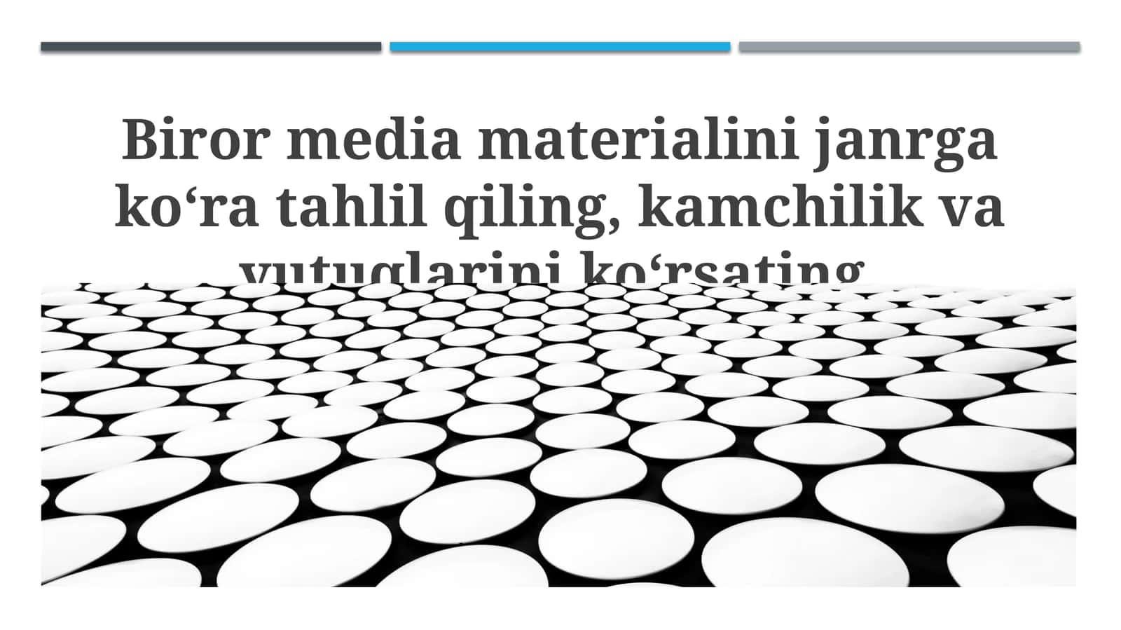Biror media materialini janrga ko‘ra tahlil qiling, kamchilik va yutuqlarini ko‘rsating 1