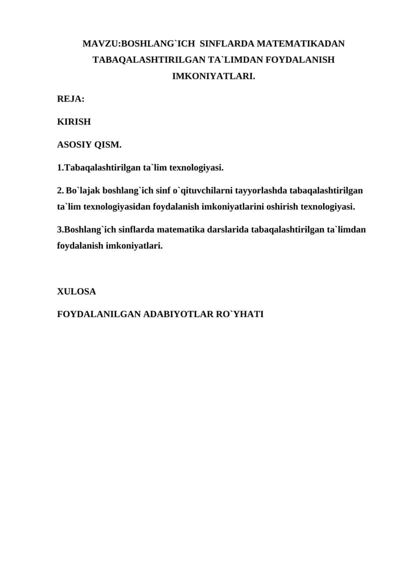 BOSHLANG`ICH SINFLARDA MATEMATIKADAN TABAQALASHTIRILGAN TA`LIMDAN FOYDALANISH IMKONIYATLARI 1