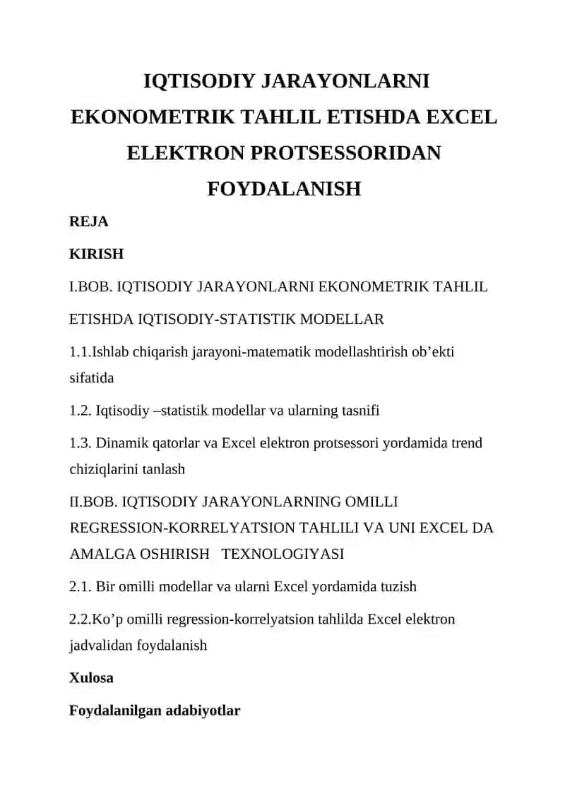 Iqtisodiy jarayonlarni ekonometrik tahlil etishda Excel elektron protsessoridan foydalanish