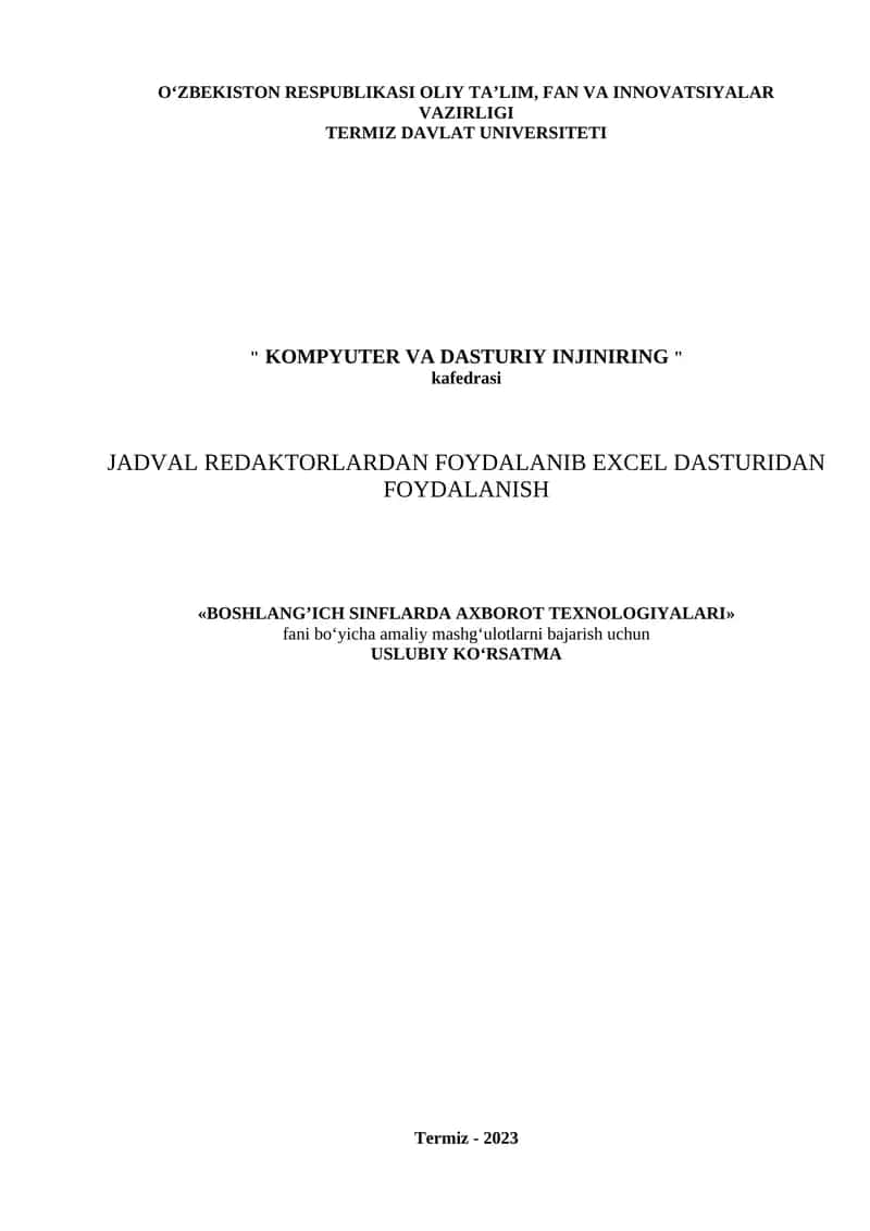 JADVAL REDAKTORLARDAN FOYDALANIB EXCEL DASTURIDAN FOYDALANISH 1