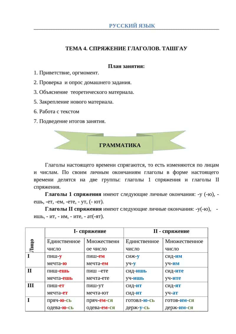 СПРЯЖЕНИЕ ГЛАГОЛОВ. ТАШГАУ 1