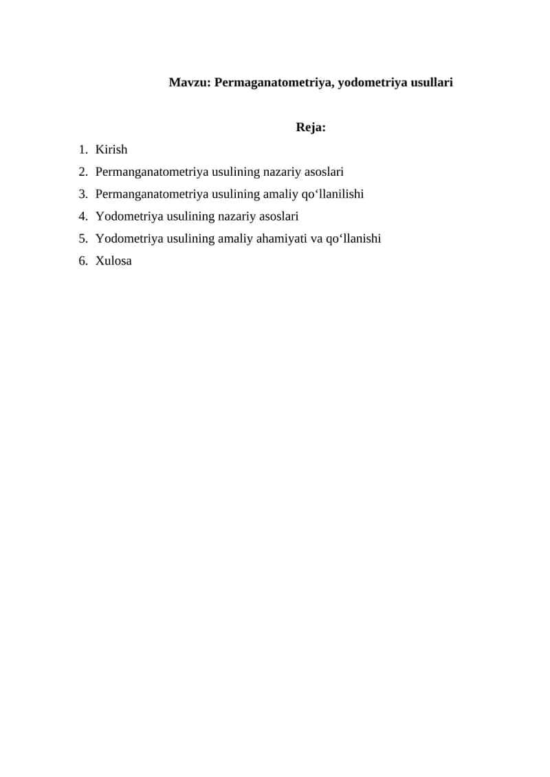 Permaganatometriya, yodometriya usullari 1