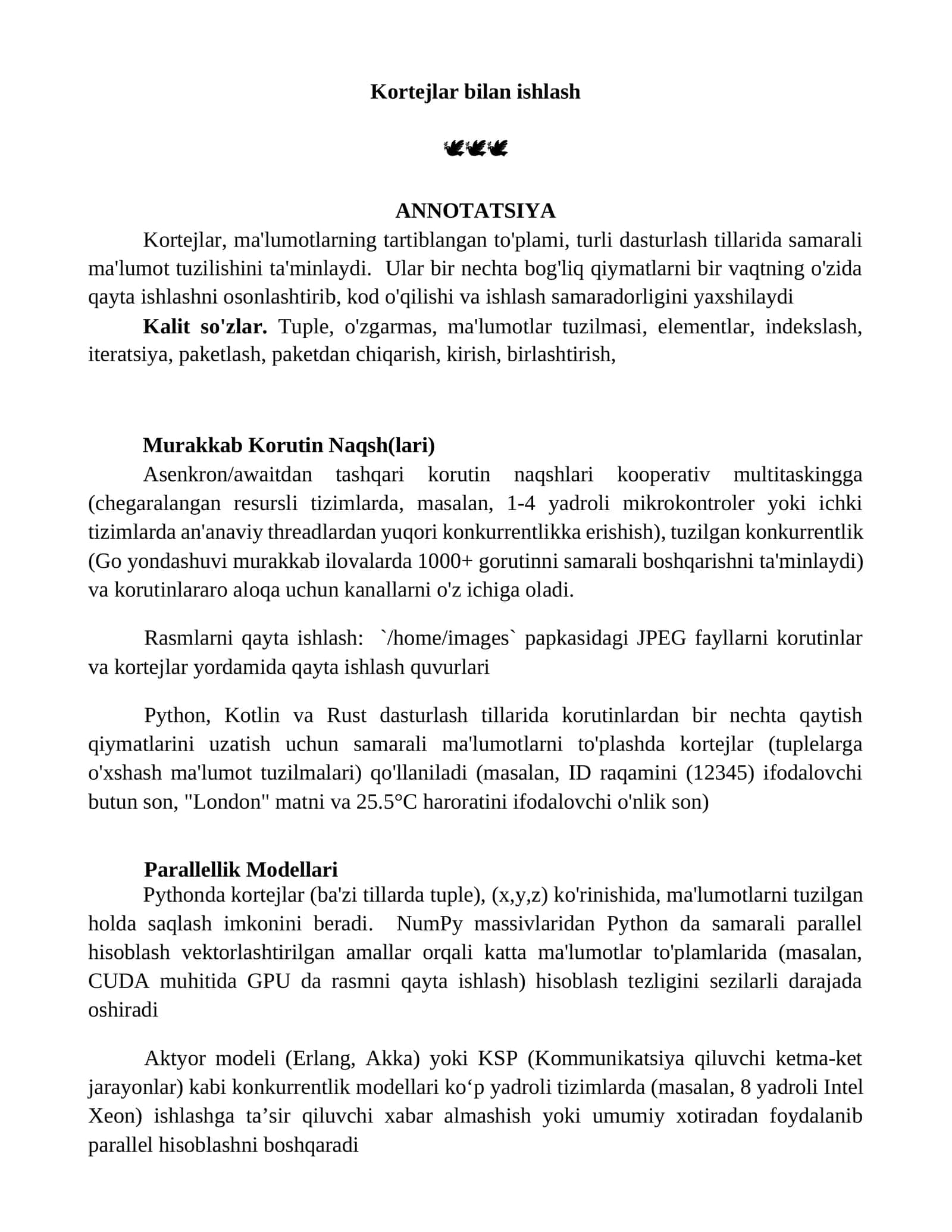 Kortejlar bilan ishlash 1