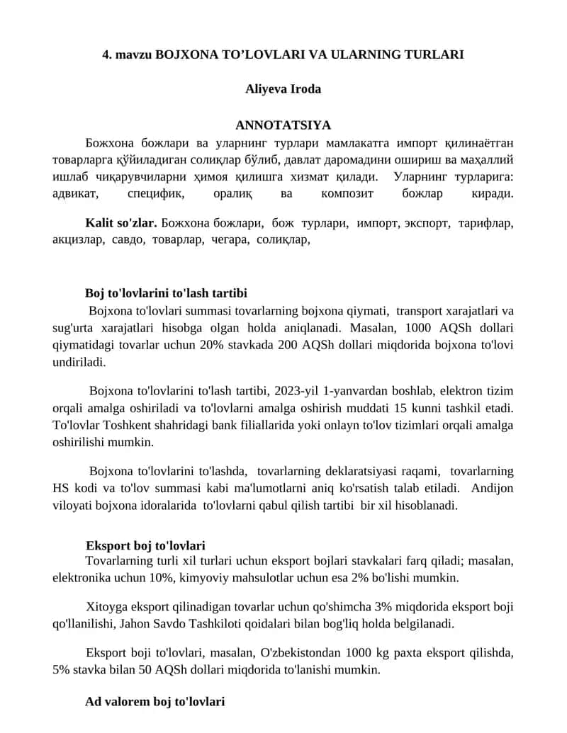 BOJXONA TO’LOVLARI VA ULARNING TURLARI 1