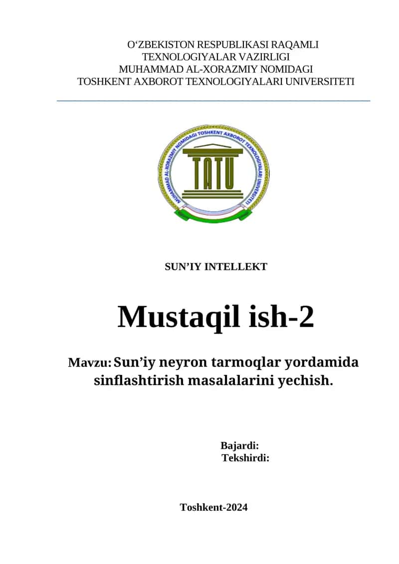 Sun’iy neyron tarmoqlar yordamida sinflashtirish masalalarini yechish 1