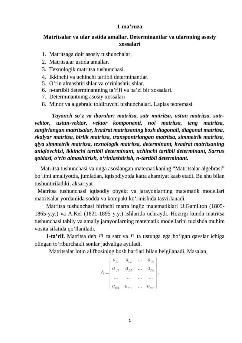 Matritsalar algebrasi 1