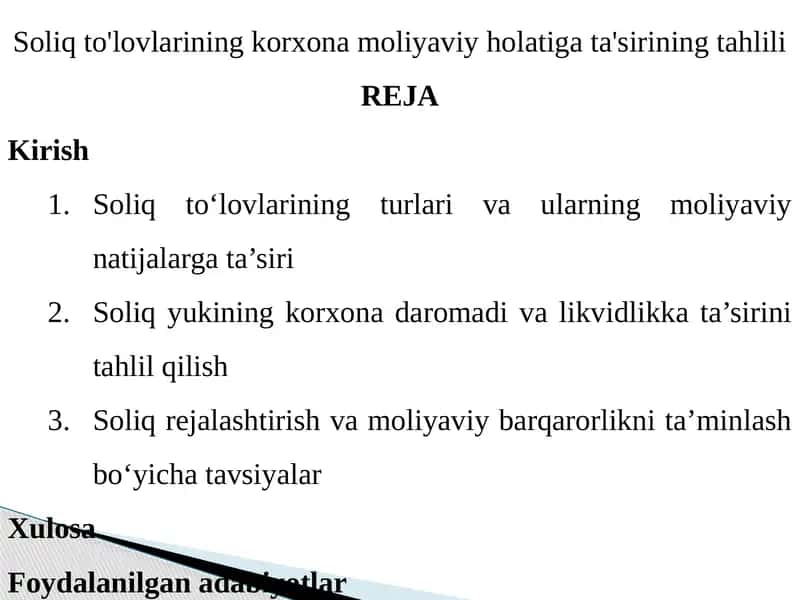 Soliqto'lovlarining korxonamoliyaviy holatigata'sirining tahlili 1