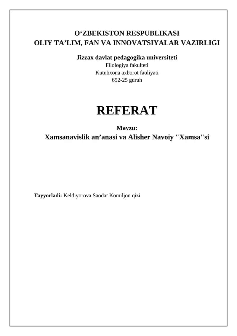 Xamsanavislik anʼanasi va Alisher Navoiy "Xamsa"si 1
