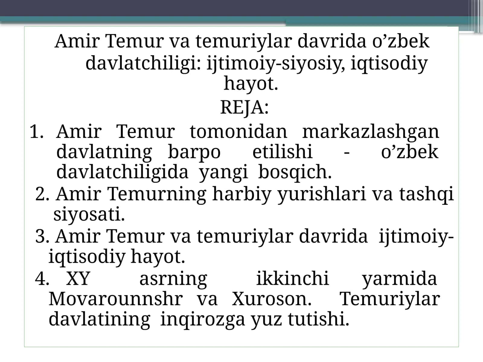 Amir Temur va temuriylar davrida o’zbek 1