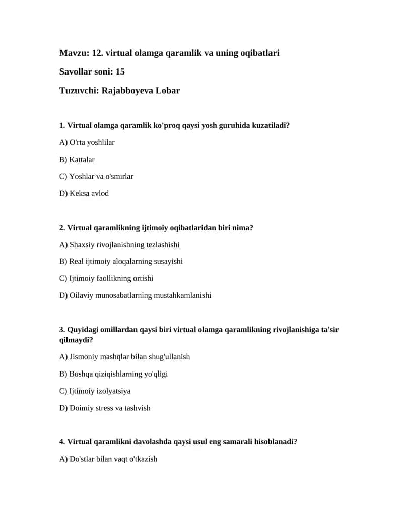 Virtual olamga qaramlik va uning oqibatlari 1