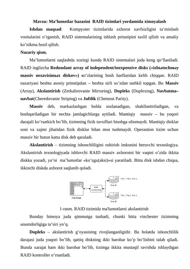 Ma’lumotlar bazasini  RAID tizimlari yordamida ximoyalash 1