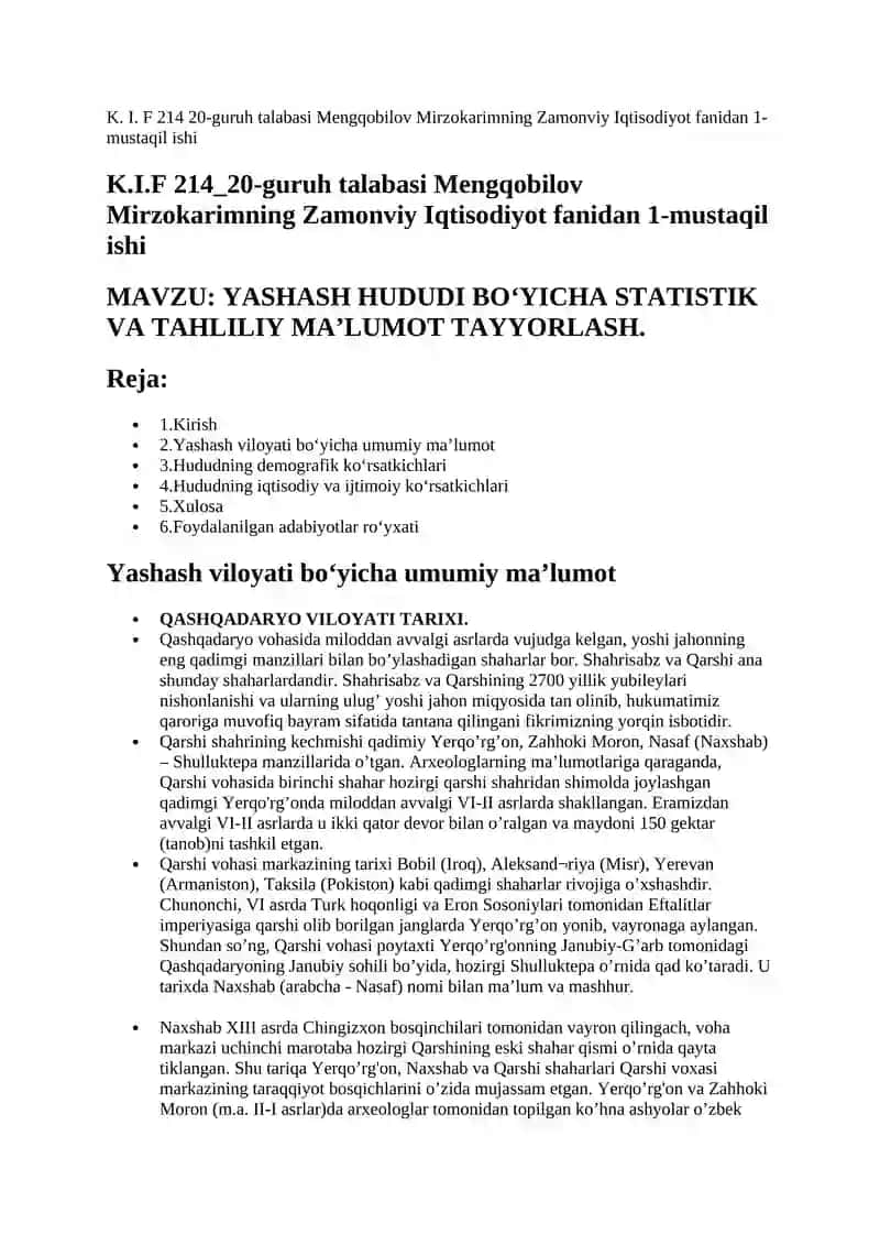 Zamonviy Iqtisodiyot fanidan 1-mustaqil ishi