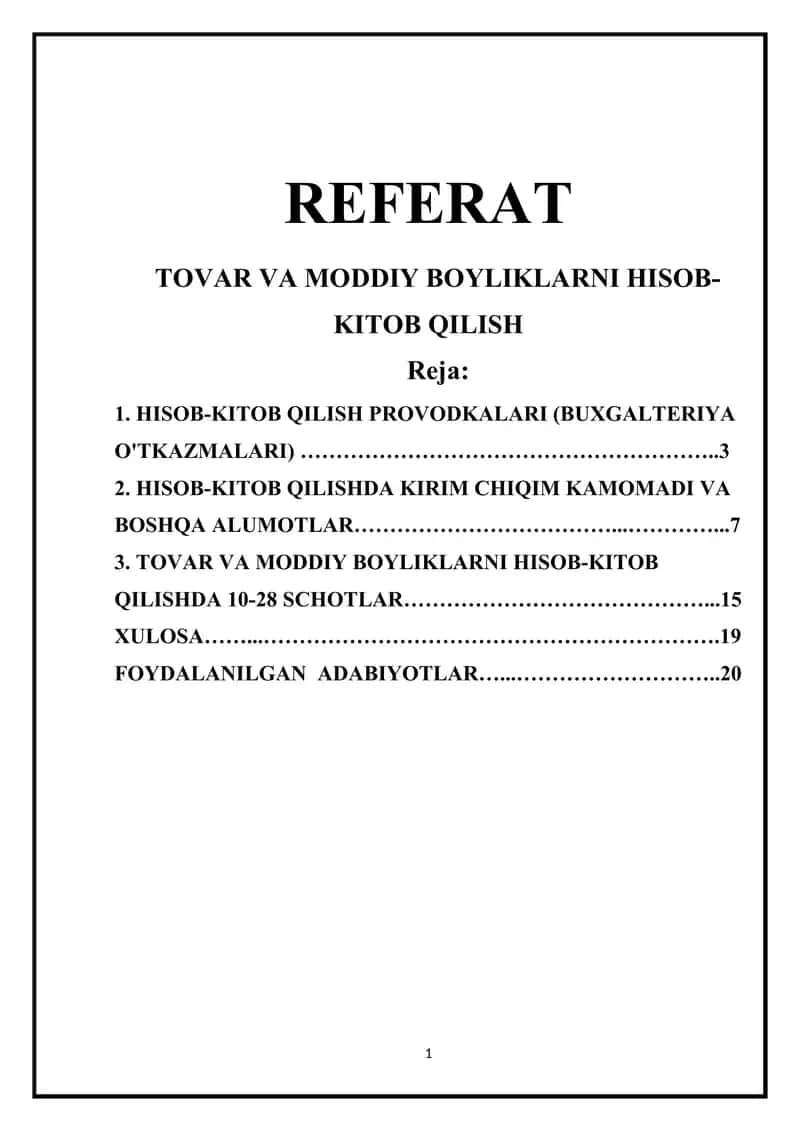 REFERAT, TOVAR VA MODDIY BOYLIKLARNI HISOB-KITOB QILISH 1