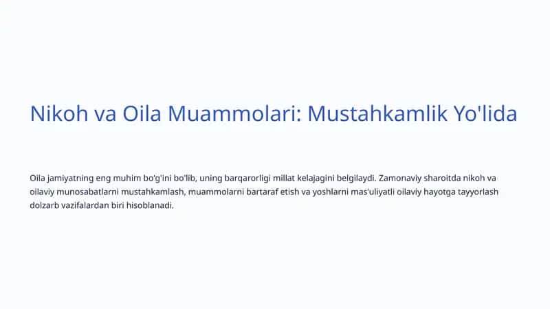 Nikoh va Oila Muammolari: Mustahkamlik Yo'lida 1
