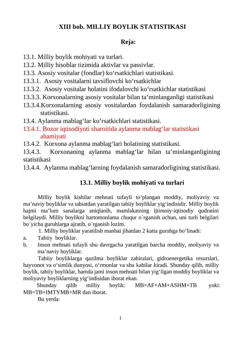 XIII bob. MILLIY BOYLIK STATISTIKASI 1