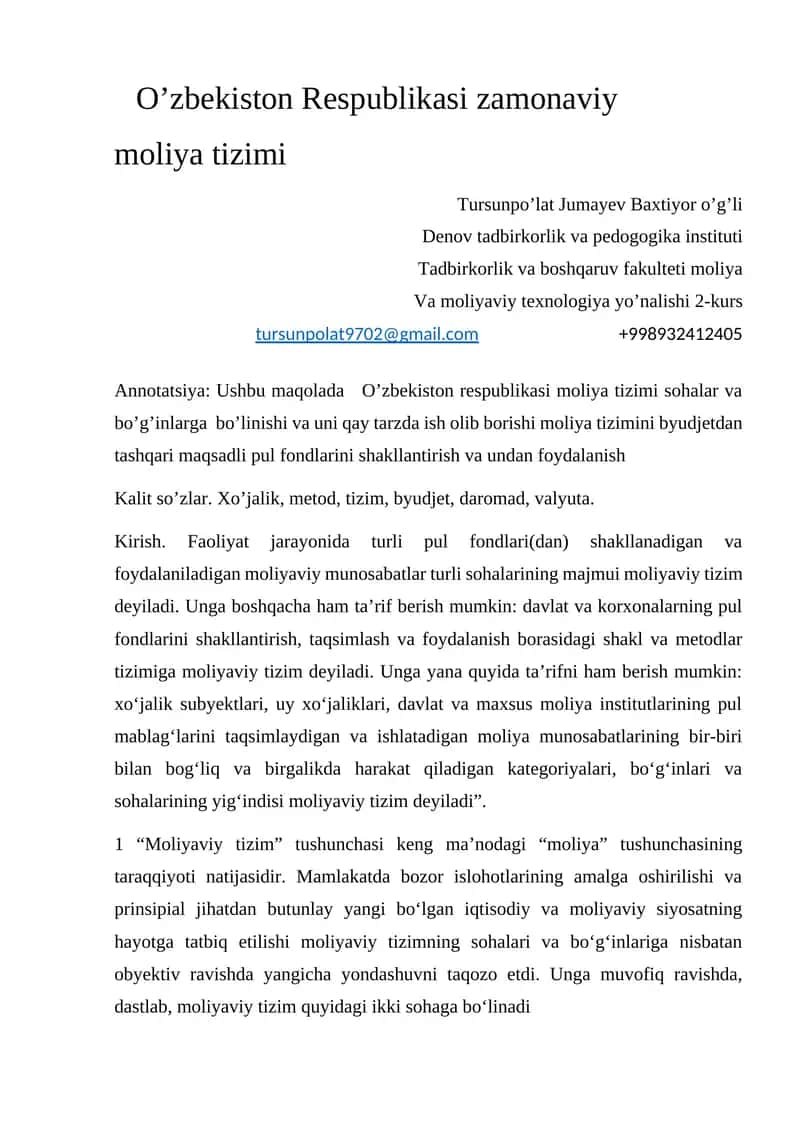 O’zbekiston Respublikasi zamonaviy moliya tizimi 1