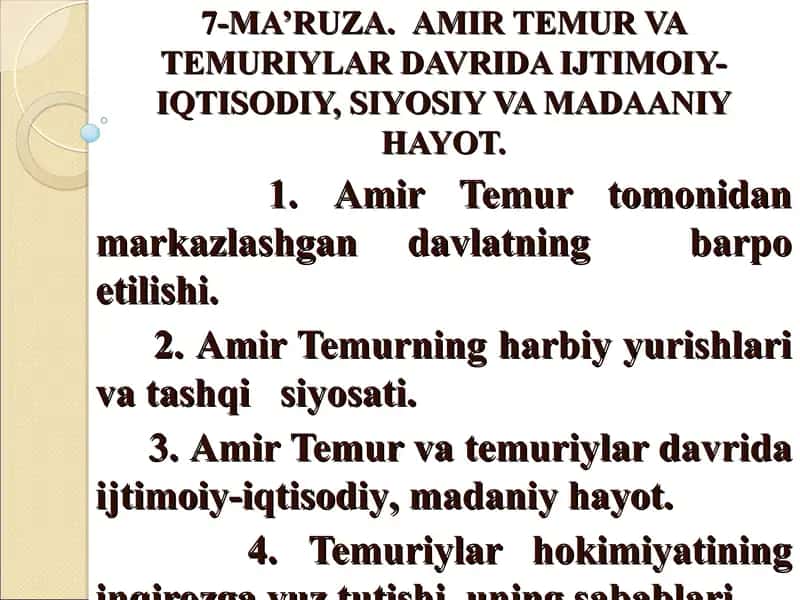AMIR TEMUR VA TEMURIYLAR DAVRIDA IJTIMOIY-IQTISODIY, SIYOSIY VA MADAANIY HAYOT. 1