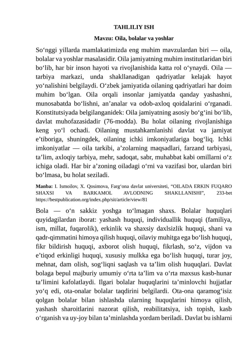 OILA,BOLALAR VA YOSHLAR tahliliy ish 1