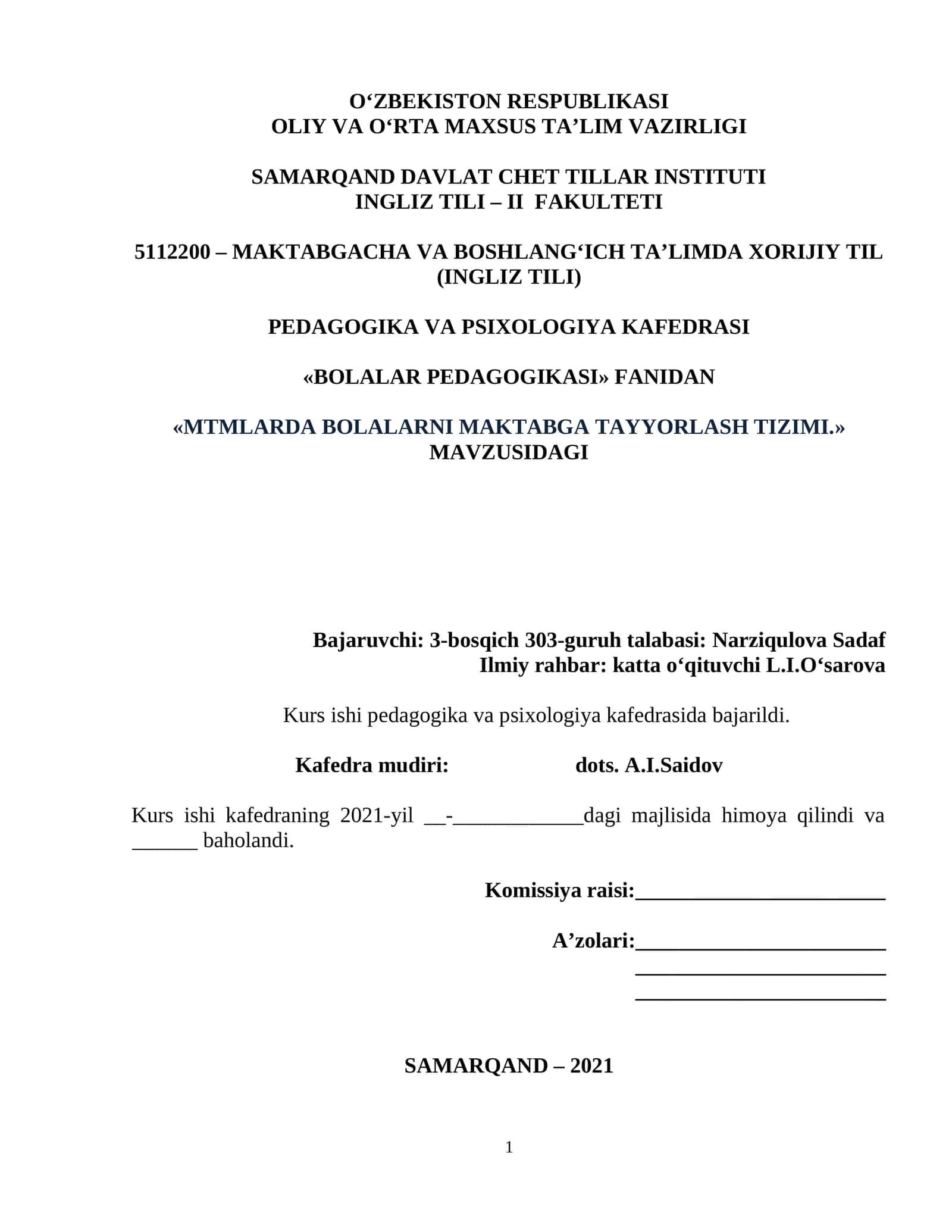 «MTMLARDA BOLALARNI MAKTABGA TAYYORLASH TIZIMI.» 1