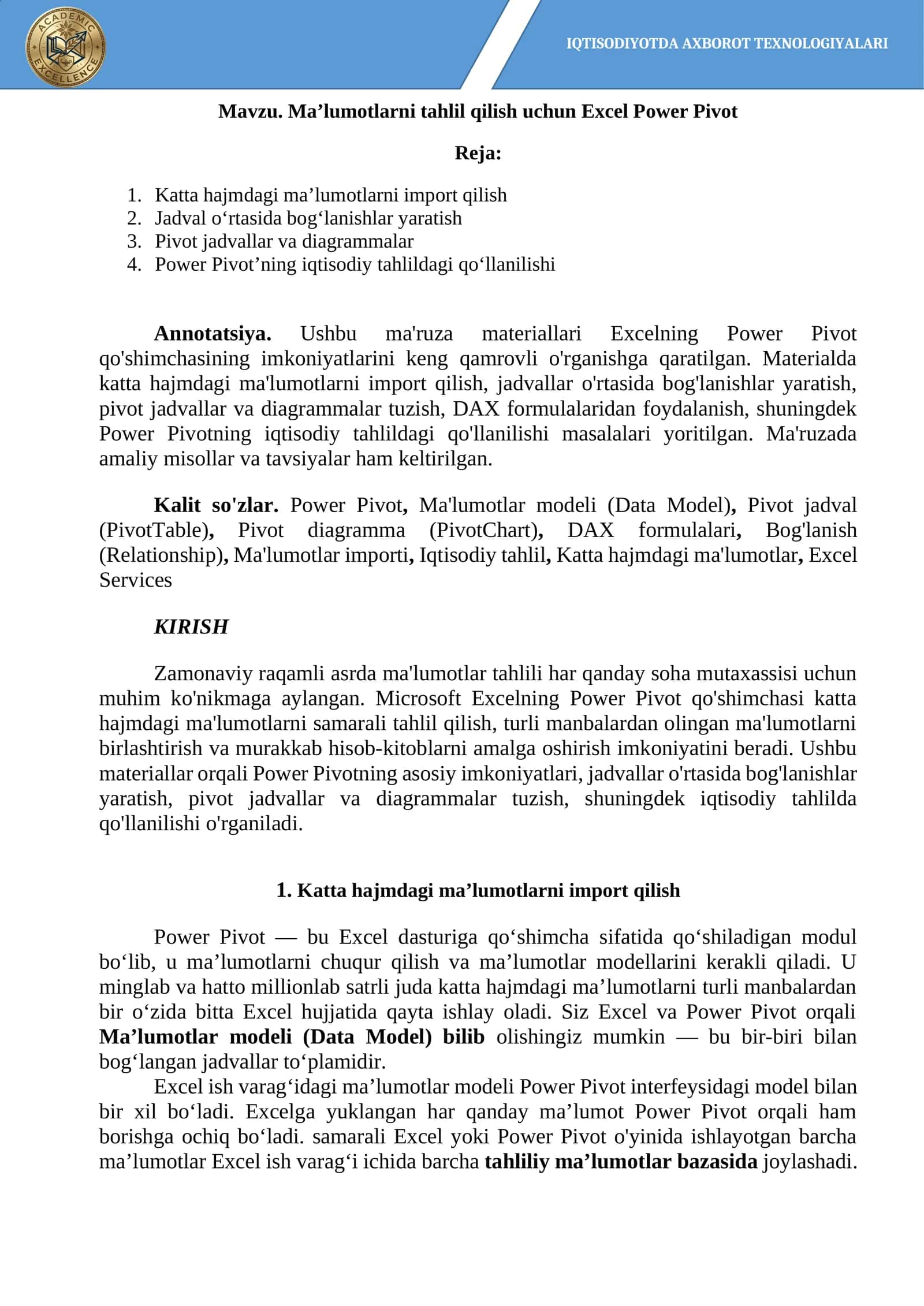 Ma’lumotlarni tahlil qilish uchun Excel Power Pivot 1