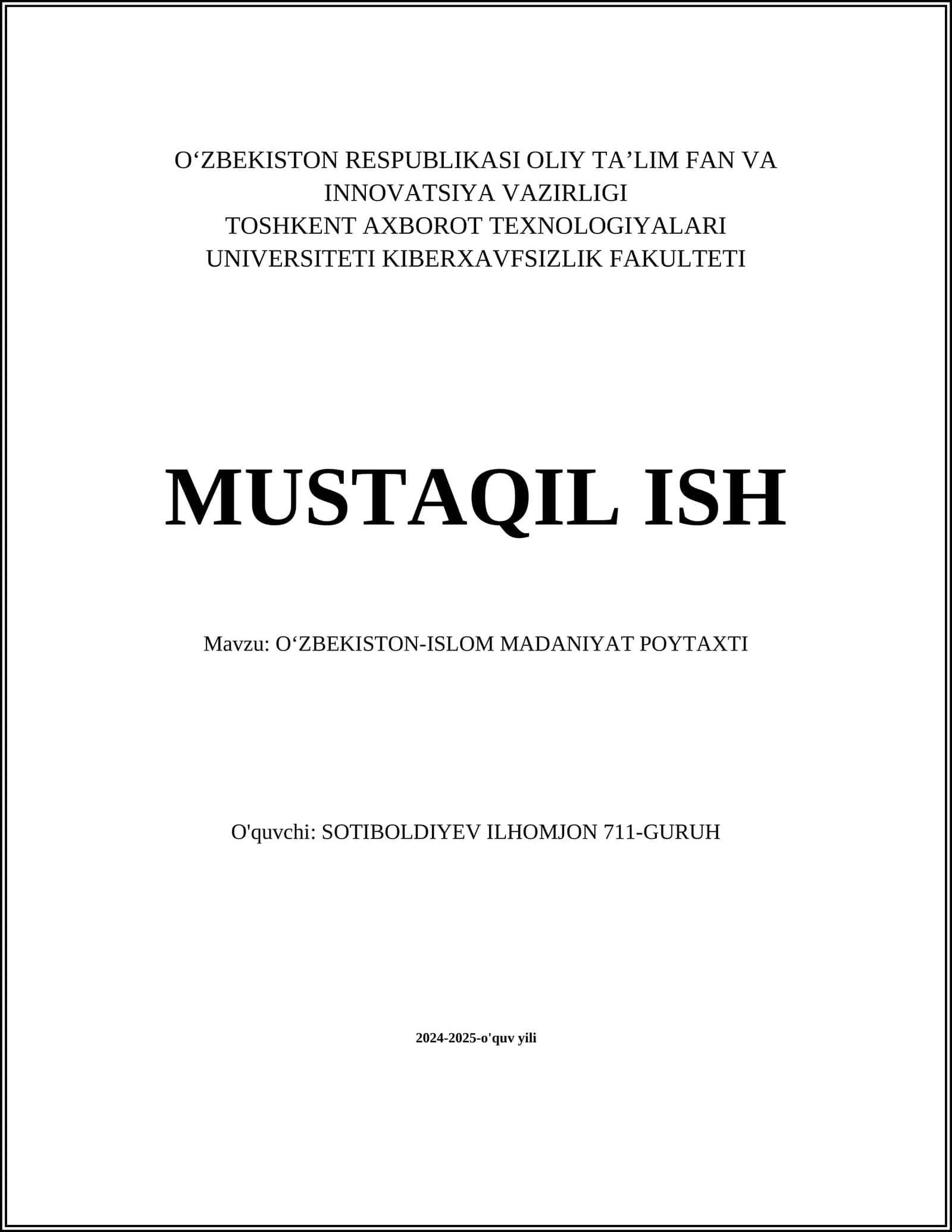 Mavzu: OʻZBEKISTON-ISLOM MADANIYAT POYTAXTI 1