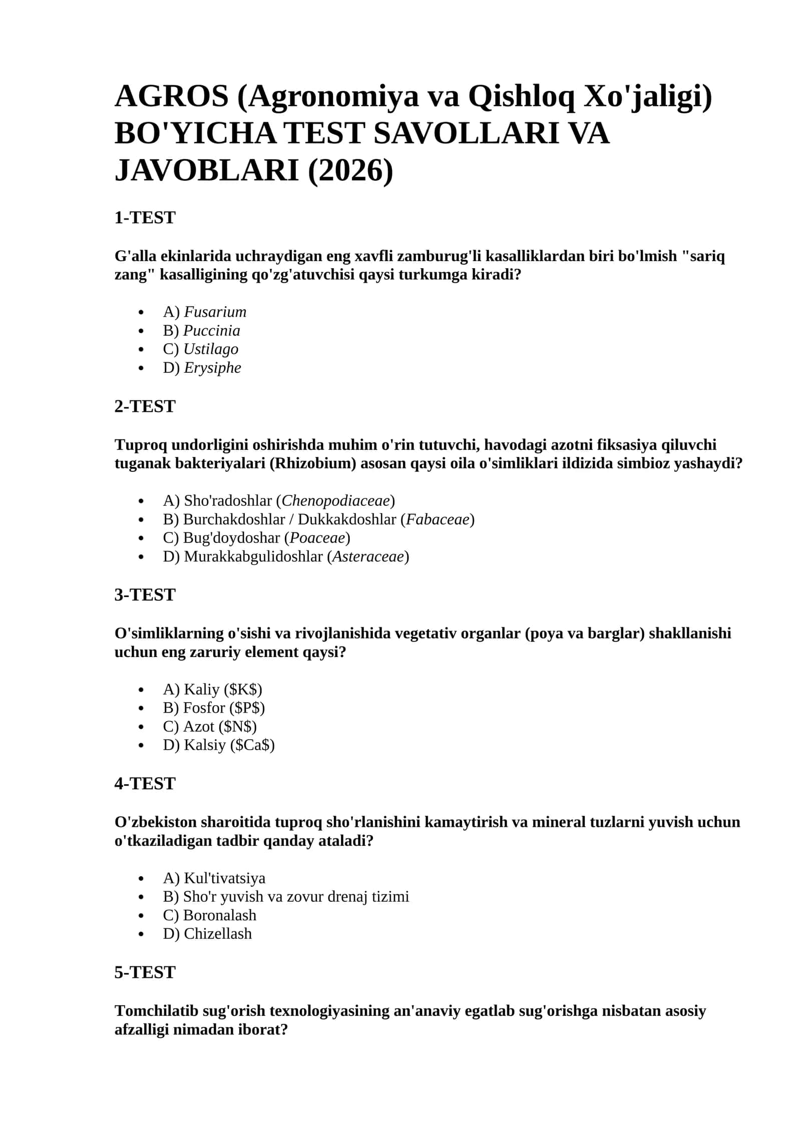 Agros testlar javoblari 2026 1