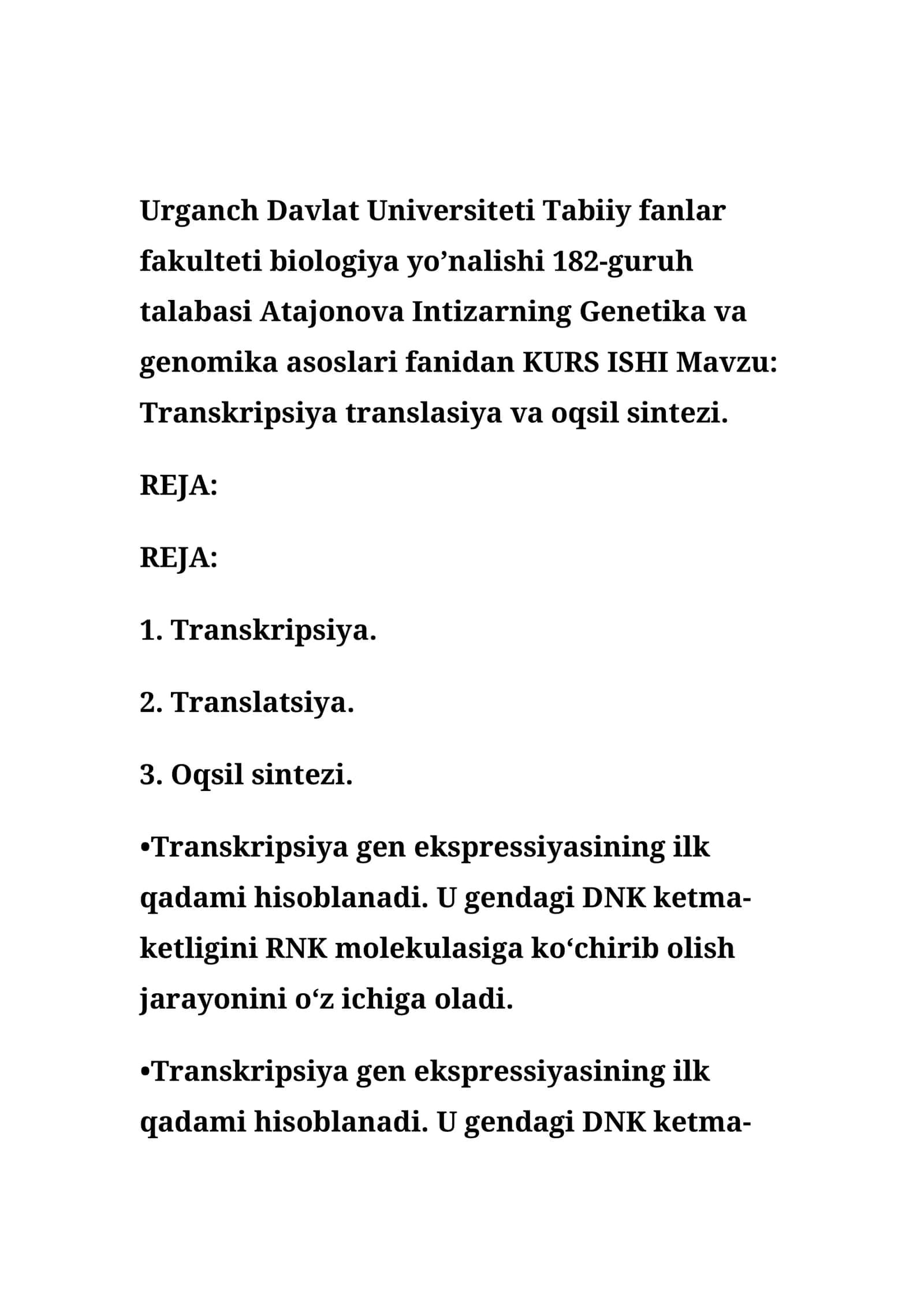 Transkripsiya translasiya va oqsil sintezi 1
