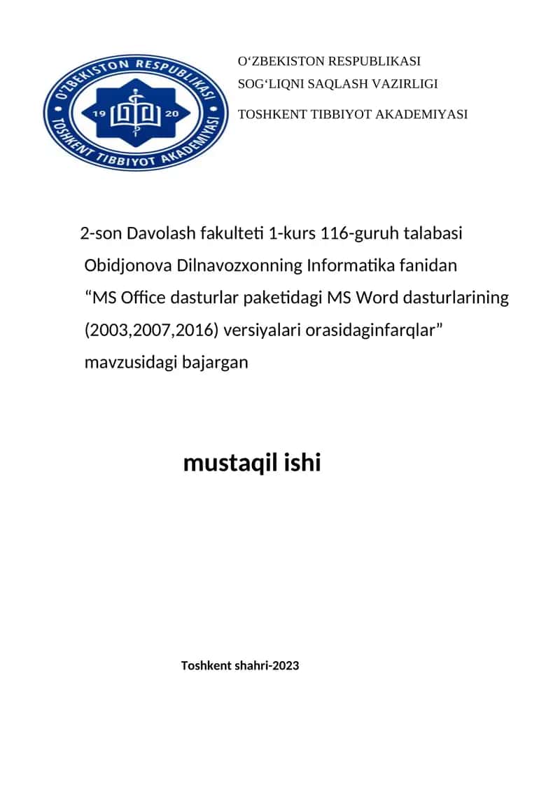 MS Office dasturlar paketidagi MS Word dasturlarining(2003,2007,2016) versiyalari orasidagi farqlar 1