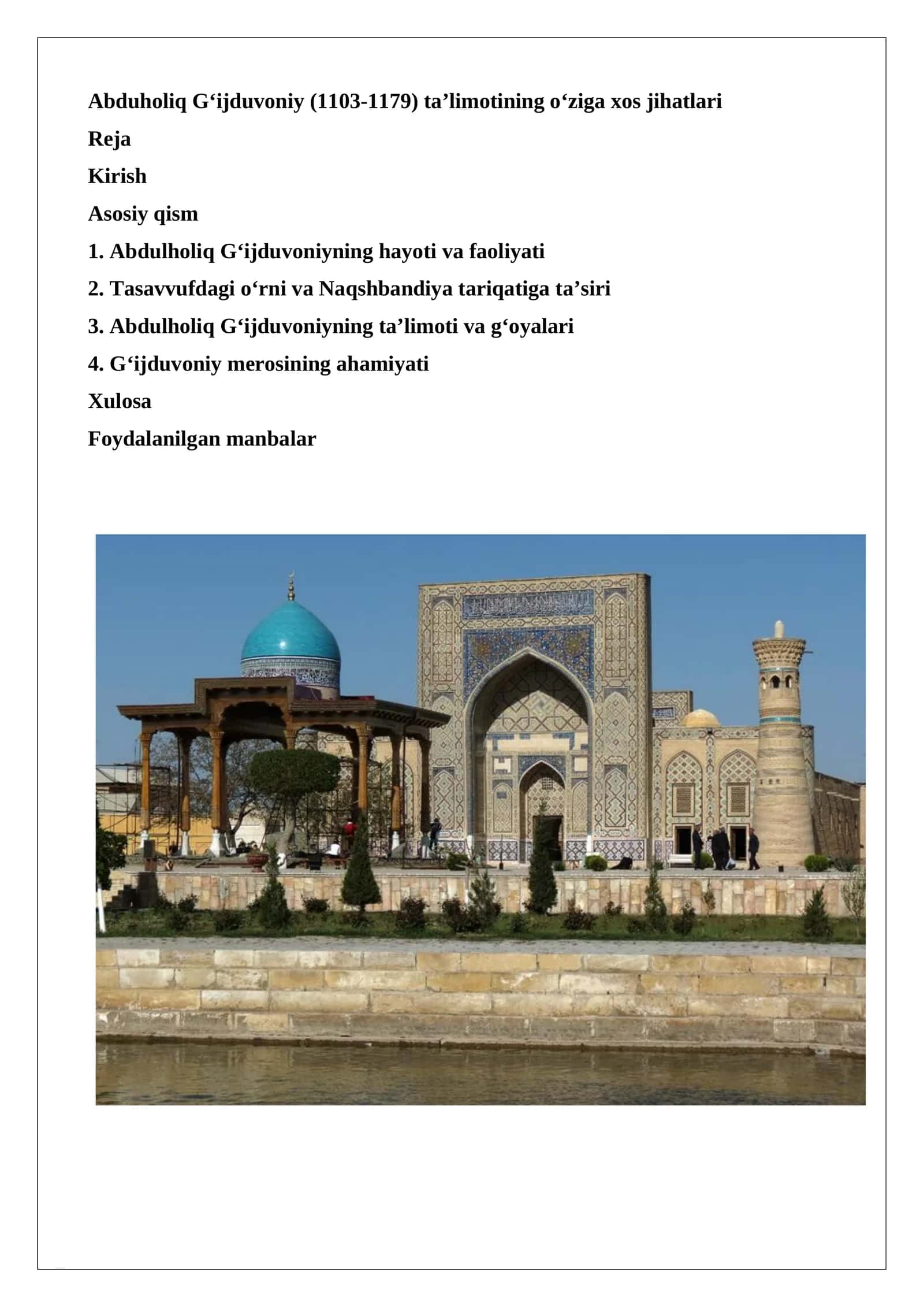 Abduholiq G‘ijduvoniy (1103-1179) ta’limotining oʻziga xos jihatlari. 1