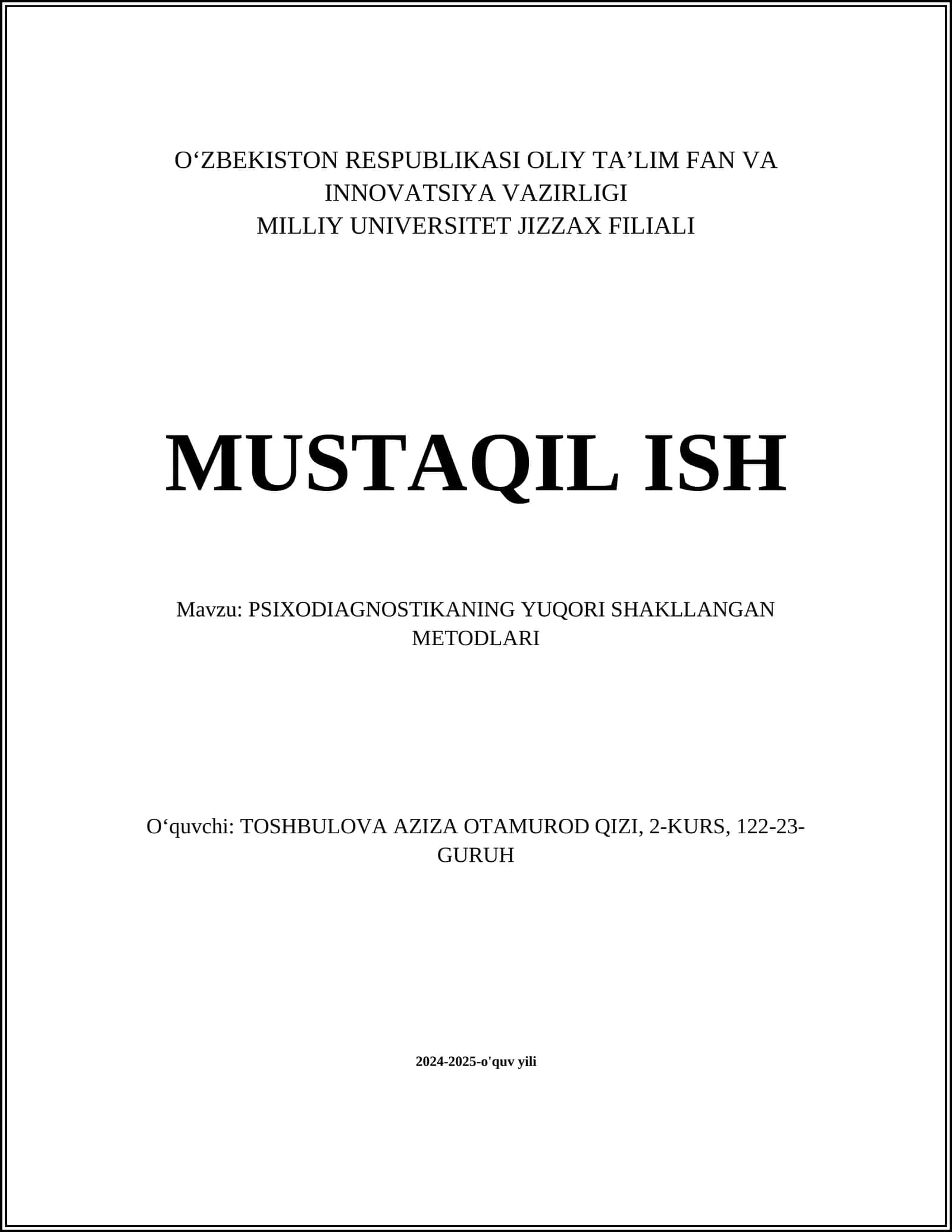 PSIXODIAGNOSTIKANING YUQORI SHAKLLANGAN METODLARI 1