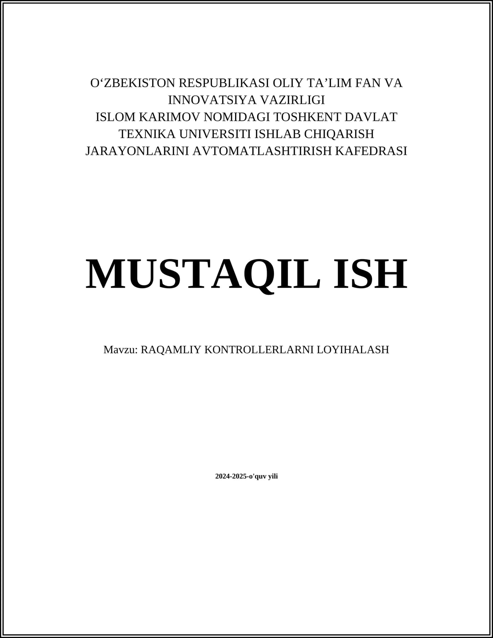 RAQAMLIY KONTROLLERLARNI LOYIHALASH 1