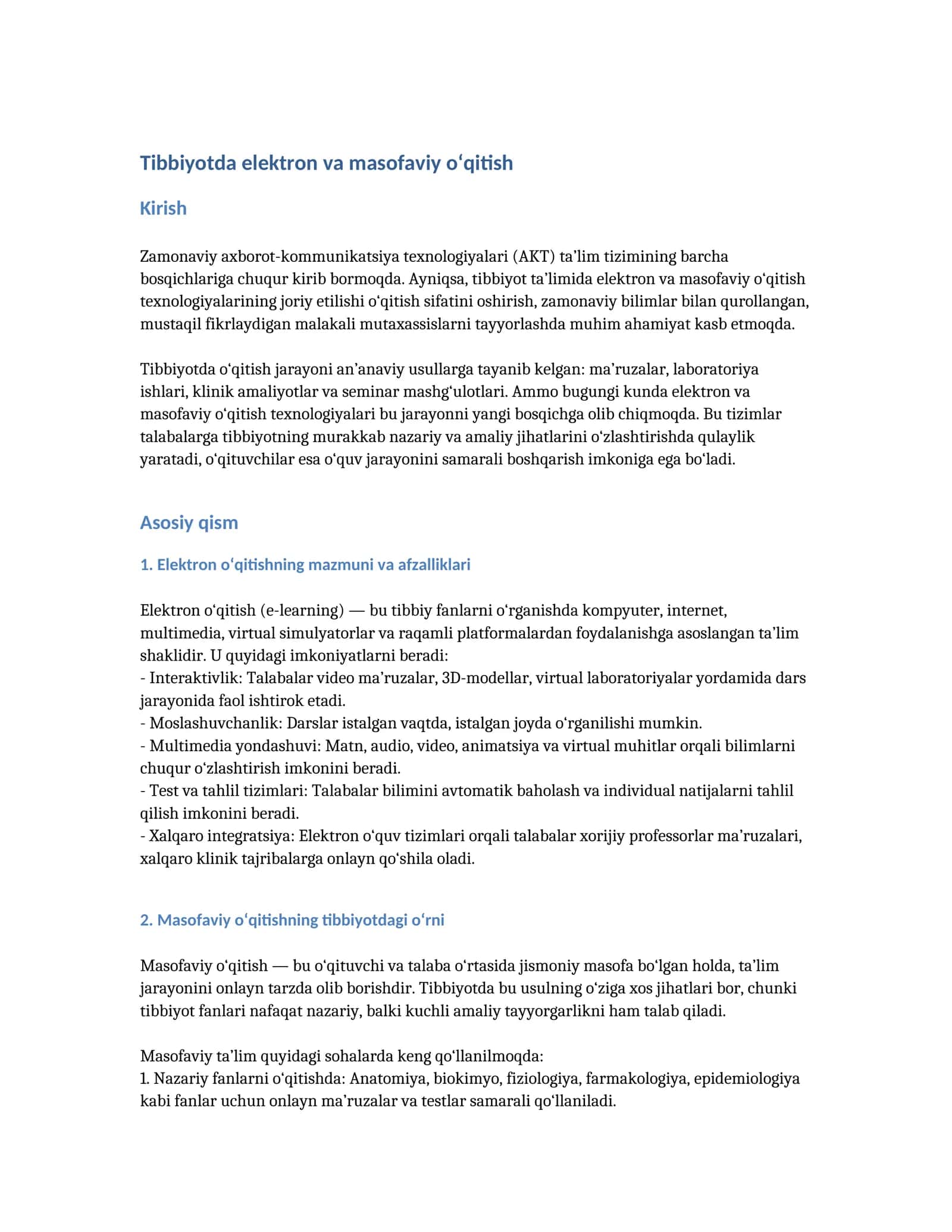 Tibbiyotda elektron va masofaviy o‘qitish 1